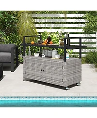 Outdoor Bar Cart Wicker Buffet Serving Cart with Cabinet and 8 Hooks-Gray