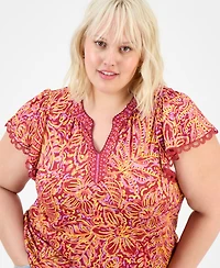 Democracy Trendy Plus Printed Flutter-Sleeve Top
