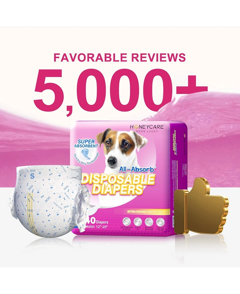 HoneyCare All-Absorb Disposable Female Dog Diapers, Super Absorbent, Breathable, Wetness Indicator, Small, 12-20 inches, 80ct