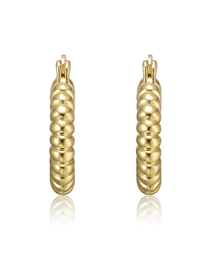 Tubular Ribbed Round Hoop Earrings White Gold Plated or 14K