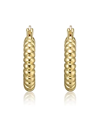 Tubular Ribbed Round Hoop Earrings White Gold Plated or 14K
