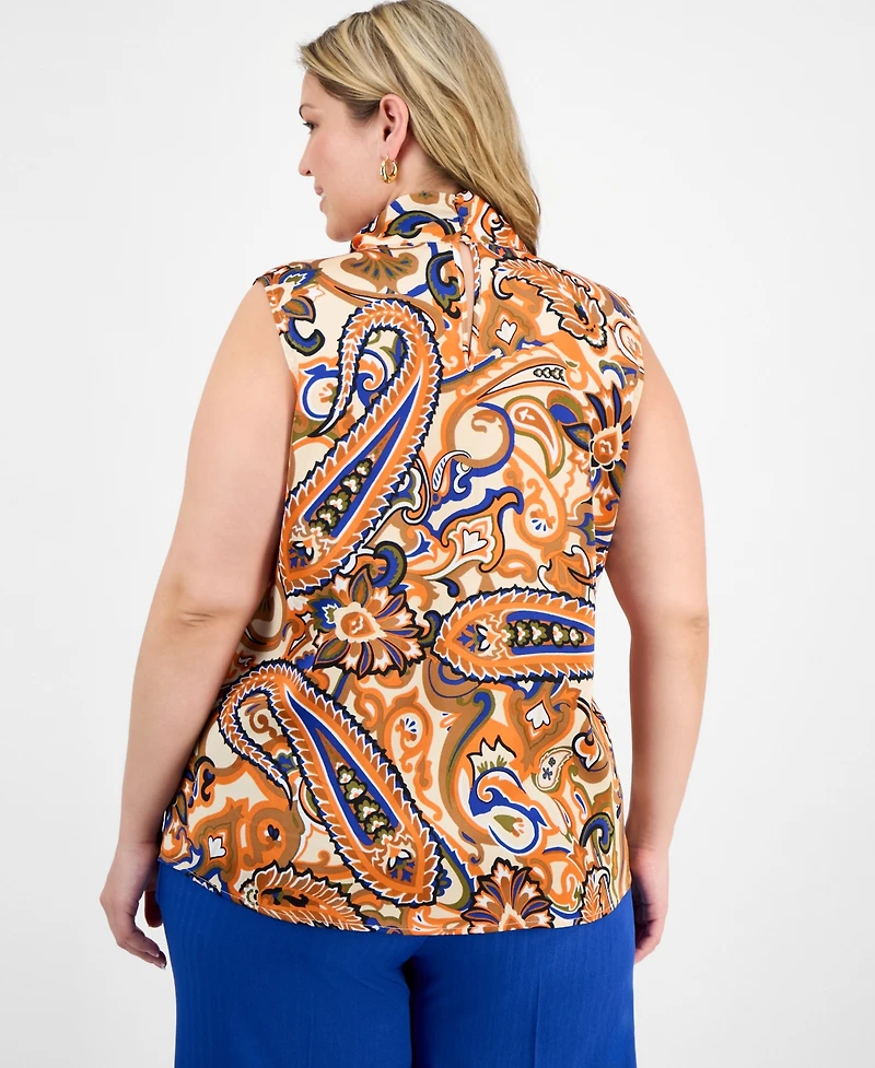 Tahari Asl Plus Paisley-Print Tie-Neck Blouse