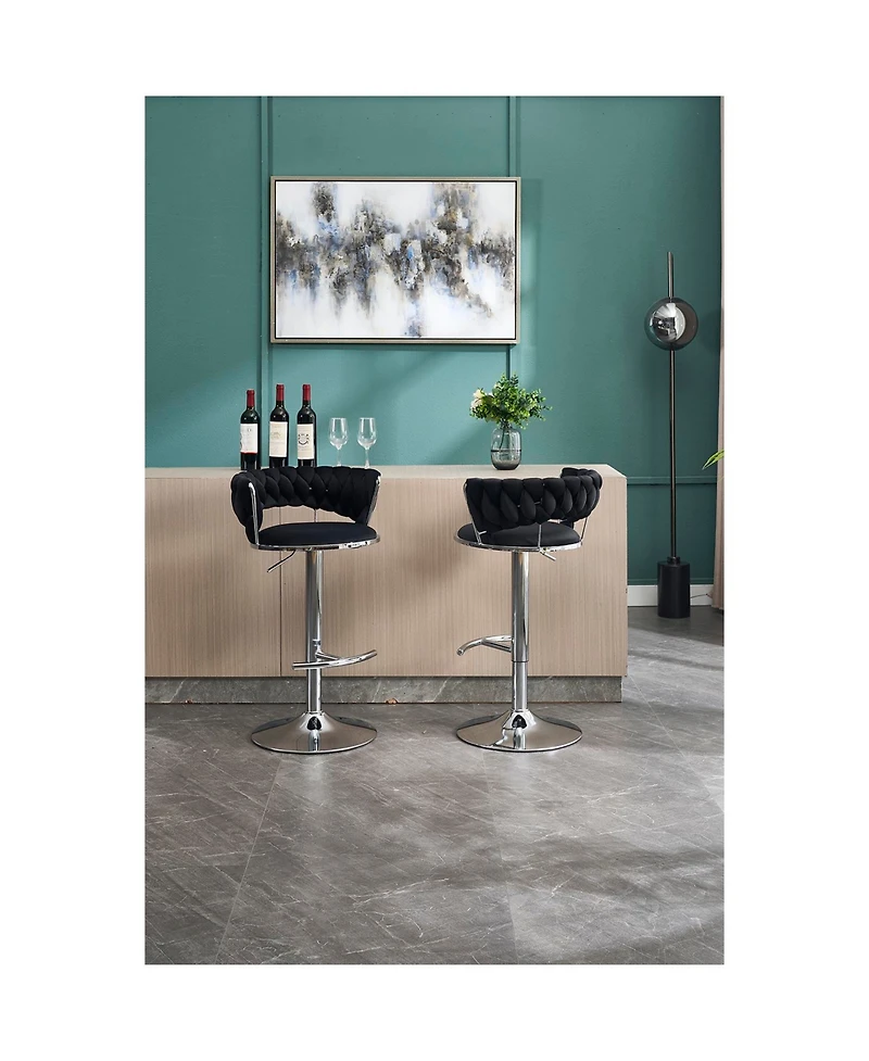 Black Velvet Bar Stools (Set of 2) - Chrome Base, Adjustable