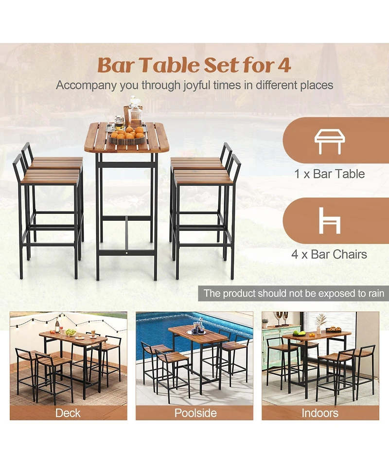 5 Piece Acacia Wood Bar Table Set Bar Height Table and Chairs with Metal Frame and Footrest