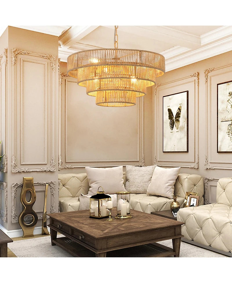Streamdale Bohemian style Woven Pendant Light 19.7 Inch Rattan Ligh Large Rattan Pendant Light with 4-Tier Rattan Chandelier--Wood