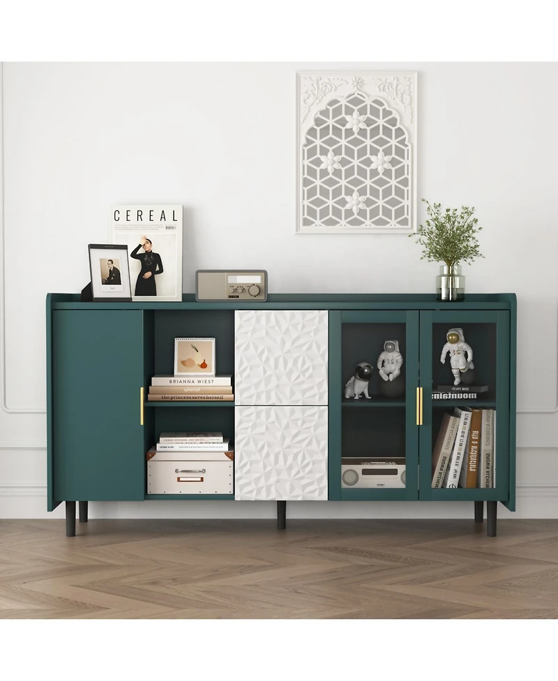 Streamdale Green Kitchen Storage Cabinet with Drawers, Shelves, Glass Doors