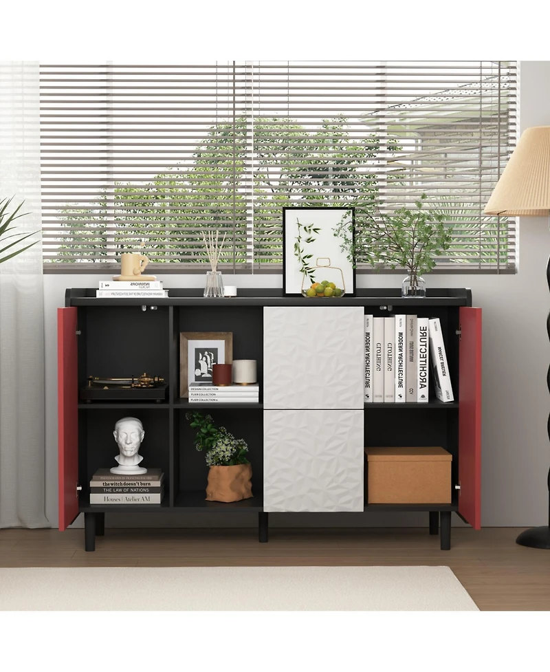 Sideboard Buffet Cabinet, Black Storage Cabinet with Red Doors, 2 Drawers with unique panel styling and 2 Open Storage Compartment, Modern Coffee Bar