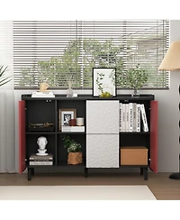 Sideboard Buffet Cabinet, Black Storage Cabinet with Red Doors, 2 Drawers with unique panel styling and 2 Open Storage Compartment, Modern Coffee Bar