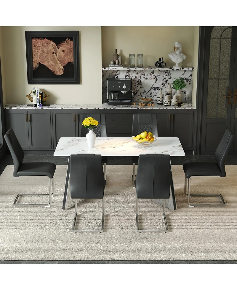 Streamdale Cold Jade Dining Table Set with 6 Black Pu Chairs