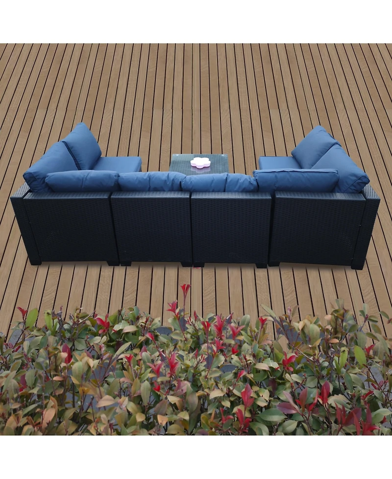 Streamdale Seven-Piece Black Rattan Outdoor Sofa Set w/ Blue Cushions