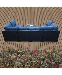 Streamdale Seven-Piece Black Rattan Outdoor Sofa Set w/ Blue Cushions