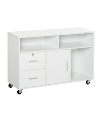 Printer Stand Home Office Mobile Cabinet Organizer Desktop with Caster Wheels, 2 Locking Breaks and Drawer, White