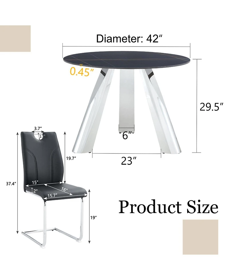 Streamdale Furniture Round Table and Black Dining Chairs Set with Silver Legs