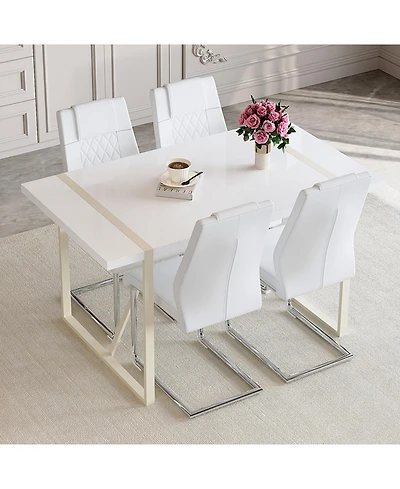 Streamdale Cream-Style Dining Table Set for 4 with Silver Metal Legs, 55"x31.4
