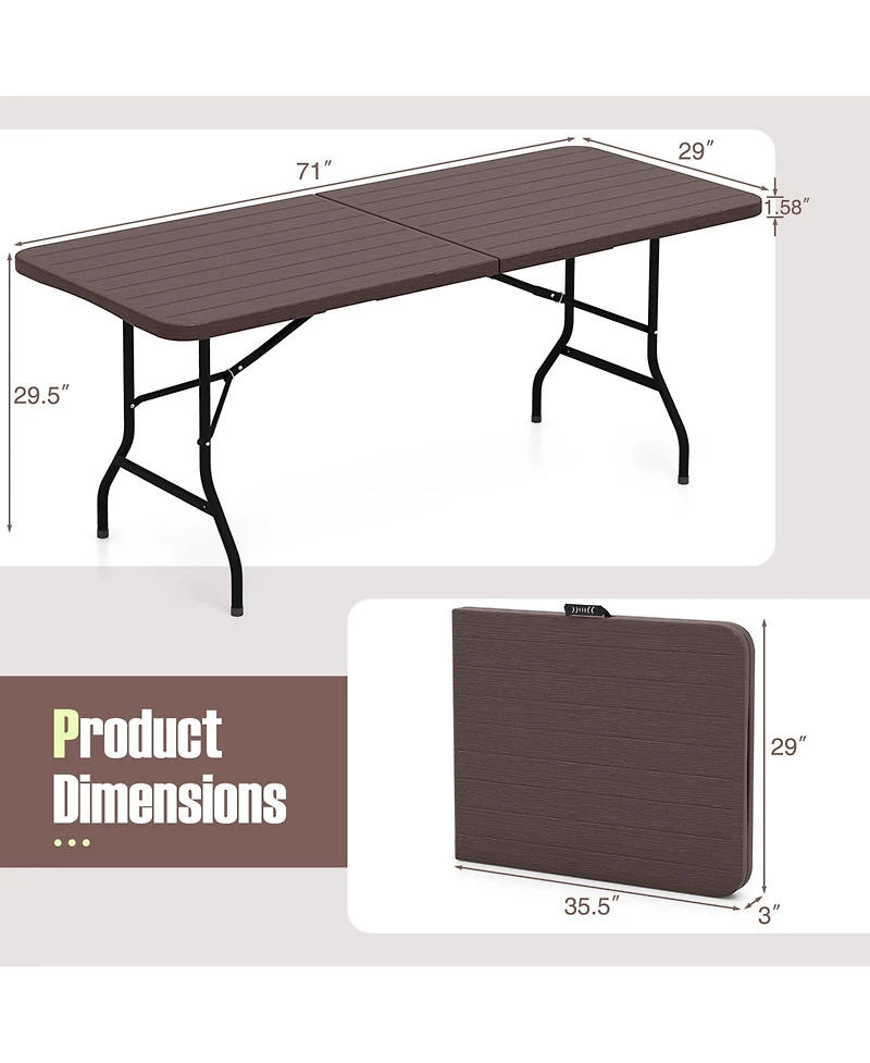 6 Feet Folding Table with Wood Grain Hdpe Tabletop and Safe Lock Mechanism-Brown