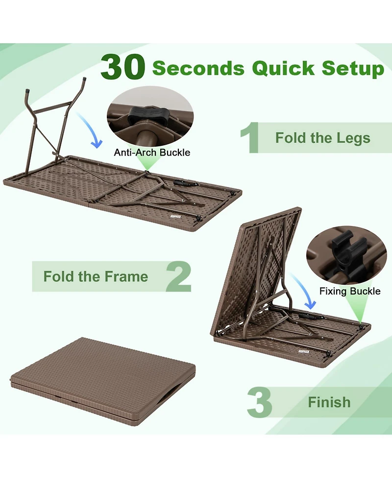 5FT Folding Picnic Table with Rattan Grain Hdpe Tabletop and Sturdy Metal Fame