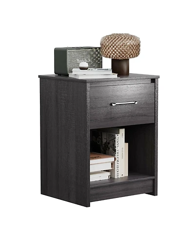 Wooden Nightstand with Drawer and Open Storage Compartment