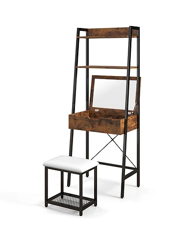 Ladder Vanity Desk Set with Flip Top Mirror and Cushioned Stool