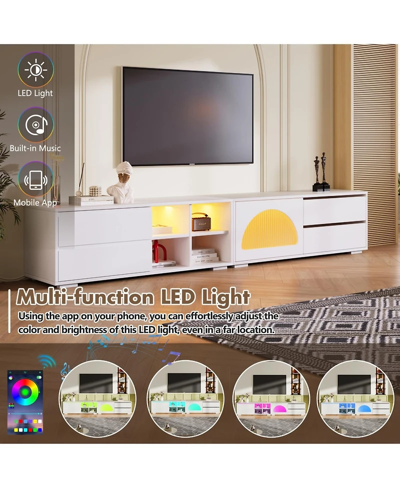 Modern Tv Stand with Fluted Glass Sliding Door, Media Console with Storage and Led Backlight (White)