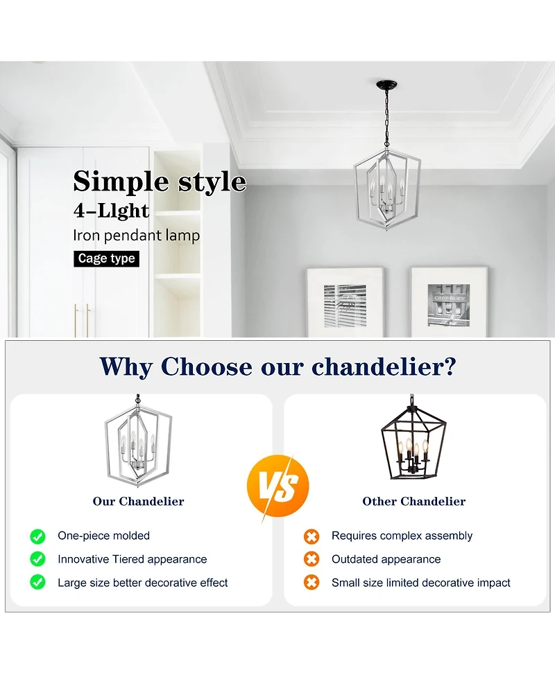 Streamdale 4-Light Farmhouse Chandelier, Matte Black & Silver with Vintage Cage Fixture, Adjustable Height