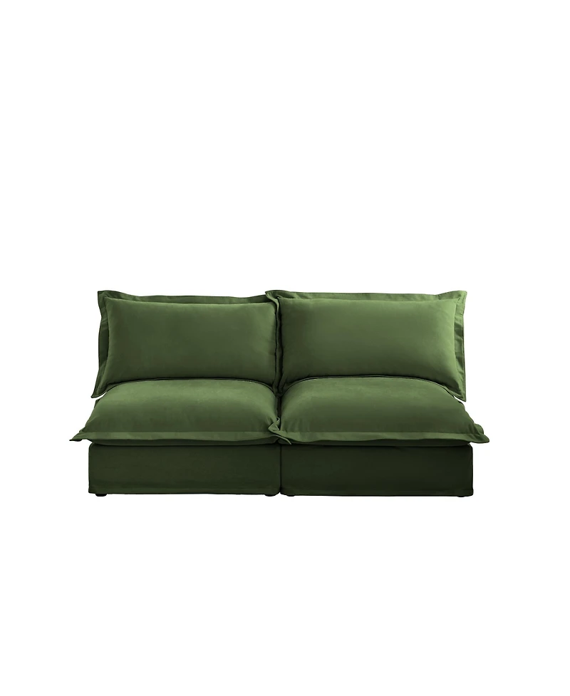 Slipcovered Armless Sofa with Convertible Design & Pillows, Green Chenille Fabric