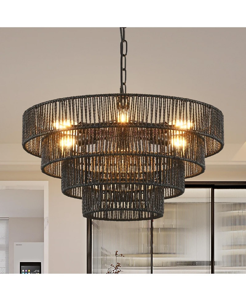 Streamdale 4-Tier Black Hemp Rope Chandelier with 6 Sockets, Ul Listed Hardwired Pendant Light