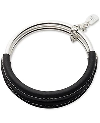 Lauren Ralph Lauren Silver-Tone 2-Pc. Set Black Leather Bangle Bracelet