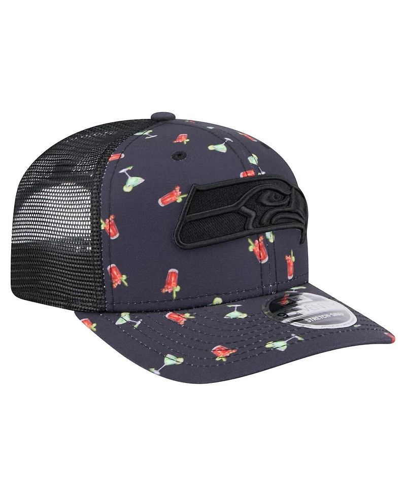 New Era Men's Navy/Black Seattle Seahawks Adventure Drinks Pattern 9SEVENTY Stretch Snap Hat