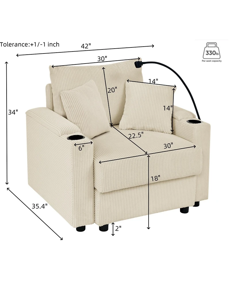 Streamdale Modern Sofa with Storage & Ottoman Cozy Corduroy, Cup Holders, Charging Ports