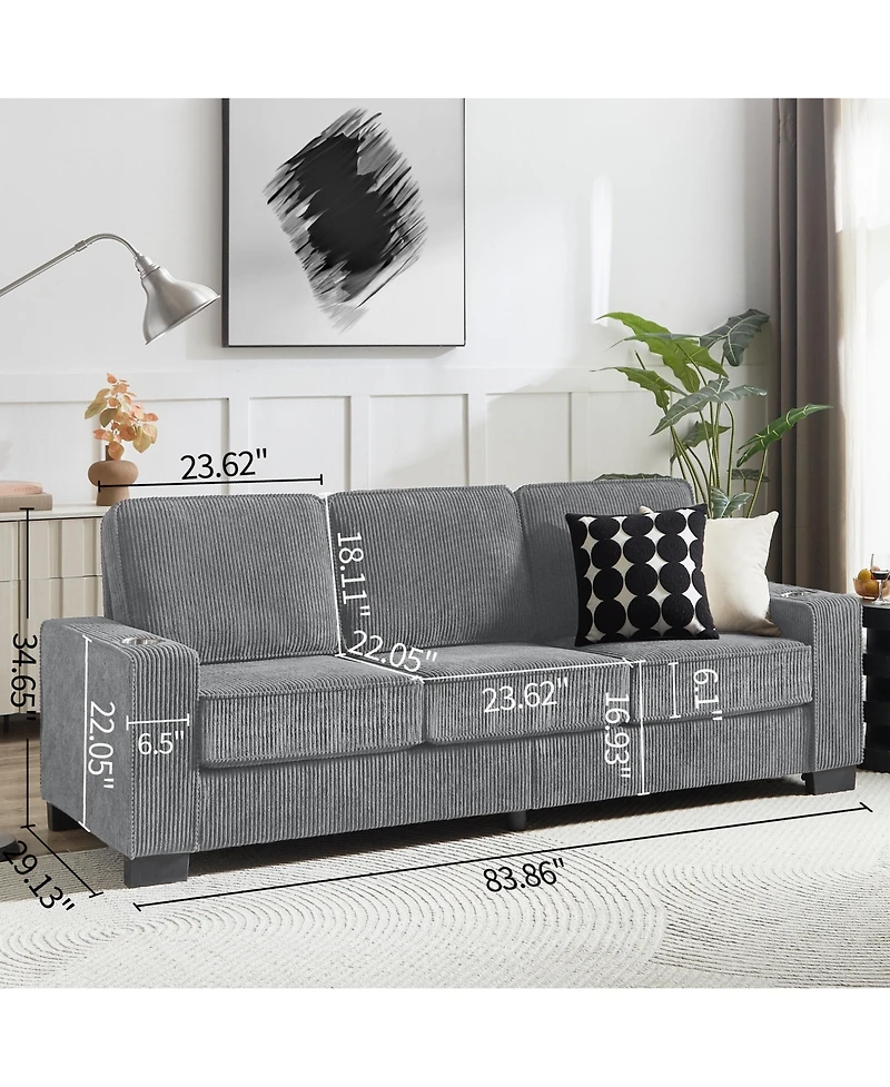 Streamdale 83.86"Corduroy Fabric sofa,Modern Compressed Couch,3-Seater Sofa, Furniture for Living Room,Bedroom,office