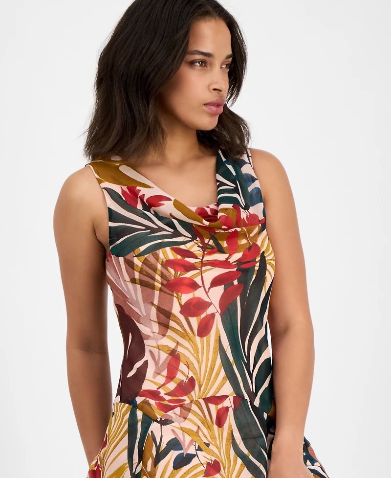 Robbie Bee Women's Printed Draped-Neck Asymmetric Dress