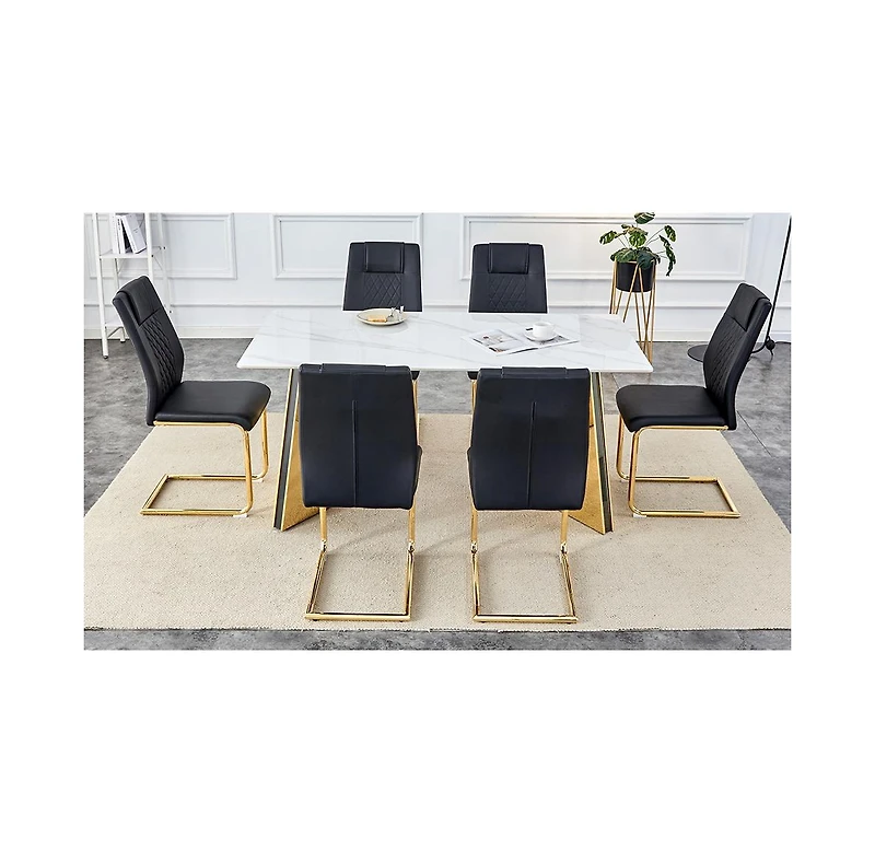 Streamdale 63" Snow Mountain Table & 6 Black Pu Chairs
