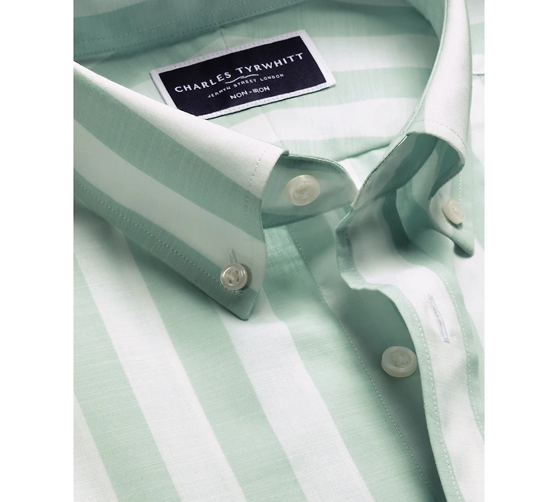 Charles Tyrwhitt Men's Slim Fit Short Sleeve Wrinkle-Resistant Striped Button-Down Shirt