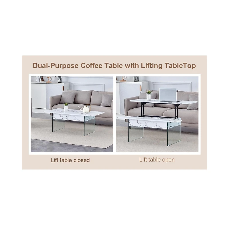 Streamdale Multifunctional Lift Top Coffee Table with Modern Marble Pattern and Tempered Glass Legs