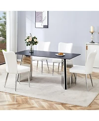Black Marble-Patterned Table with Butterfly Legs & 4 Striped Pu Chairs