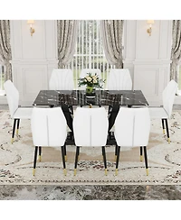 Streamdale Black Marble Pattern Tempered Glass Dining Set - 71"x35.4" with 8 White Pu Chairs With a Widened Backrest Design