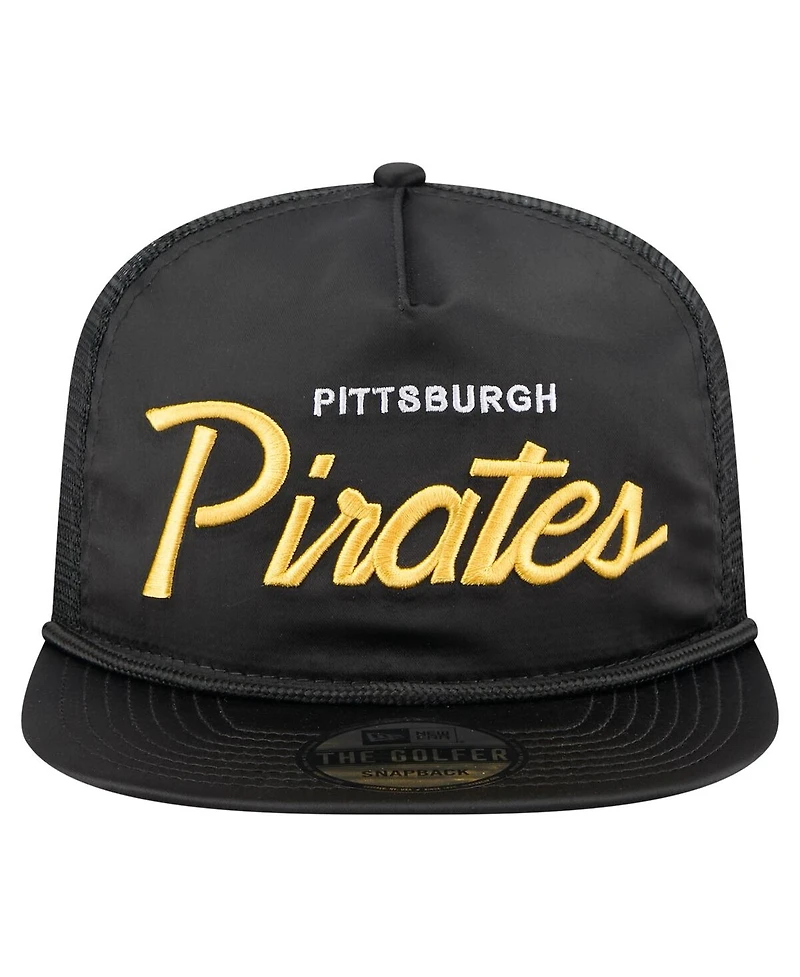 New Era Men's Black Pittsburgh Pirates Retro Satin Script Golfer Adjustable Hat