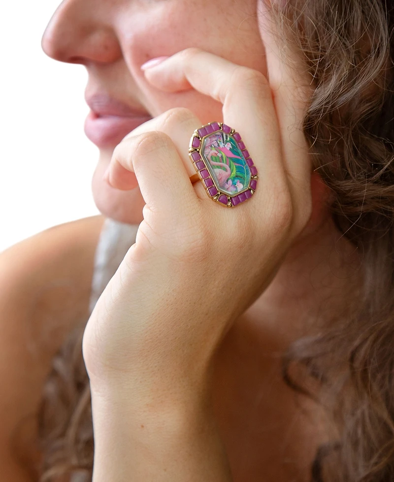 Barse Scenic Pink Flamingo Agate Golden Statement Ring