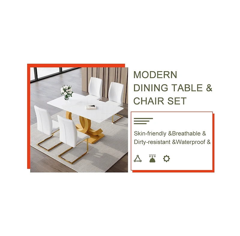 Streamdale Tempered Glass Dining Set with White Pu Dining Chairs