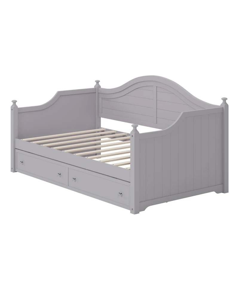 Streamdale Twin Size Wood Daybed with 2 Storage Drawers, Wooden Sofa Bed with Handrail for Living Room Bedroom, Light Grey