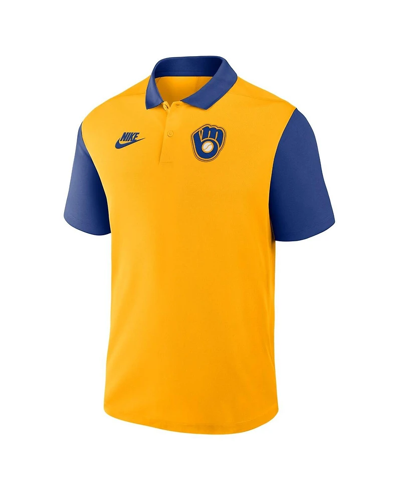 Nike Men's Gold/Navy Milwaukee Brewers Cooperstown Collection Color-Block Victory Performance Polo Shirt