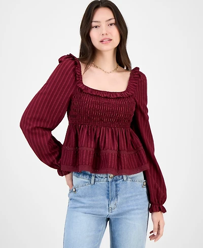 Tinseltown Juniors' Smocked Ruffle-Trim Babydoll Top