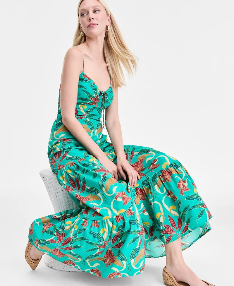 I.n.c. International Concepts Women's Floral-Print Smocked-Back Tiered Cotton Maxi Dress, Exclusively at Macy's