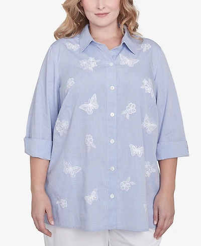 Alfred Dunner Plus Classic Striped Woven Butterfly Button Down Top