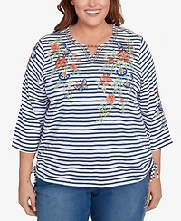 Alfred Dunner Plus El Paso Floral Stripe Ruched Sides Top