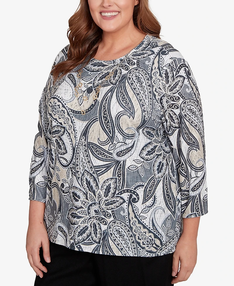 Alfred Dunner Plus Santa Barbara Reversible Paisley Top With Necklace