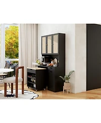 Streamdale Black Kitchen Pantry Cabinet w/ Rattan Doors & Microwave Stand