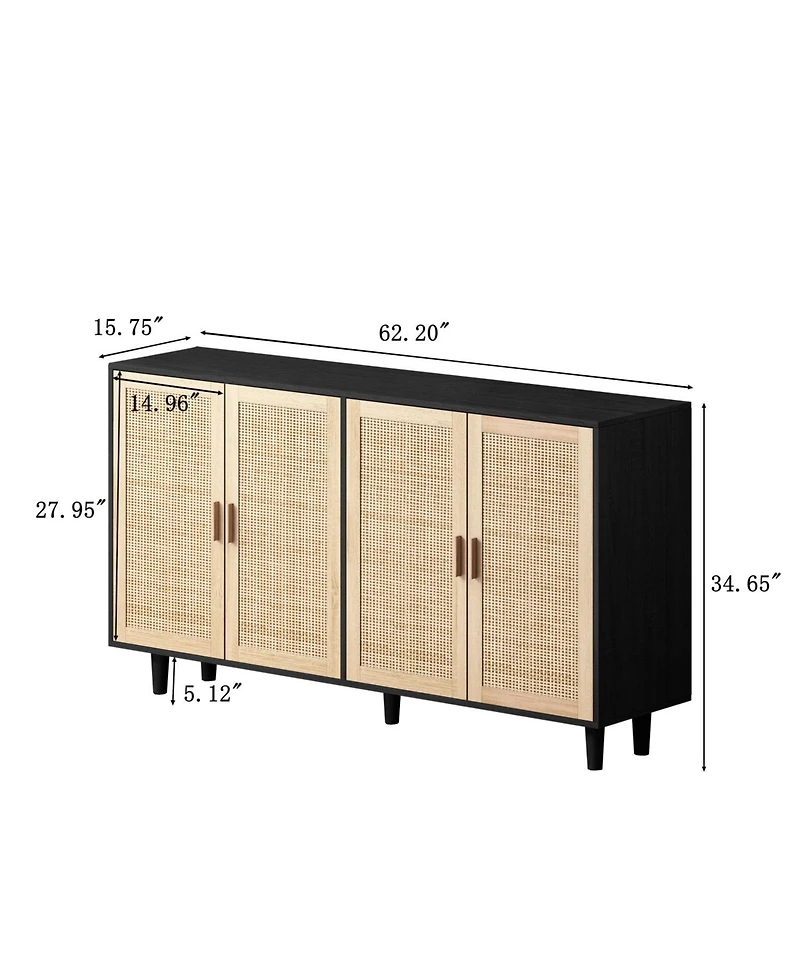 62.20" Elegant and Functional 4-Door Rattan Decorative Storage Cabinet, for Bedroom, Living Room, Office, Easy Assembly, Black(Same Sku:W757P1749