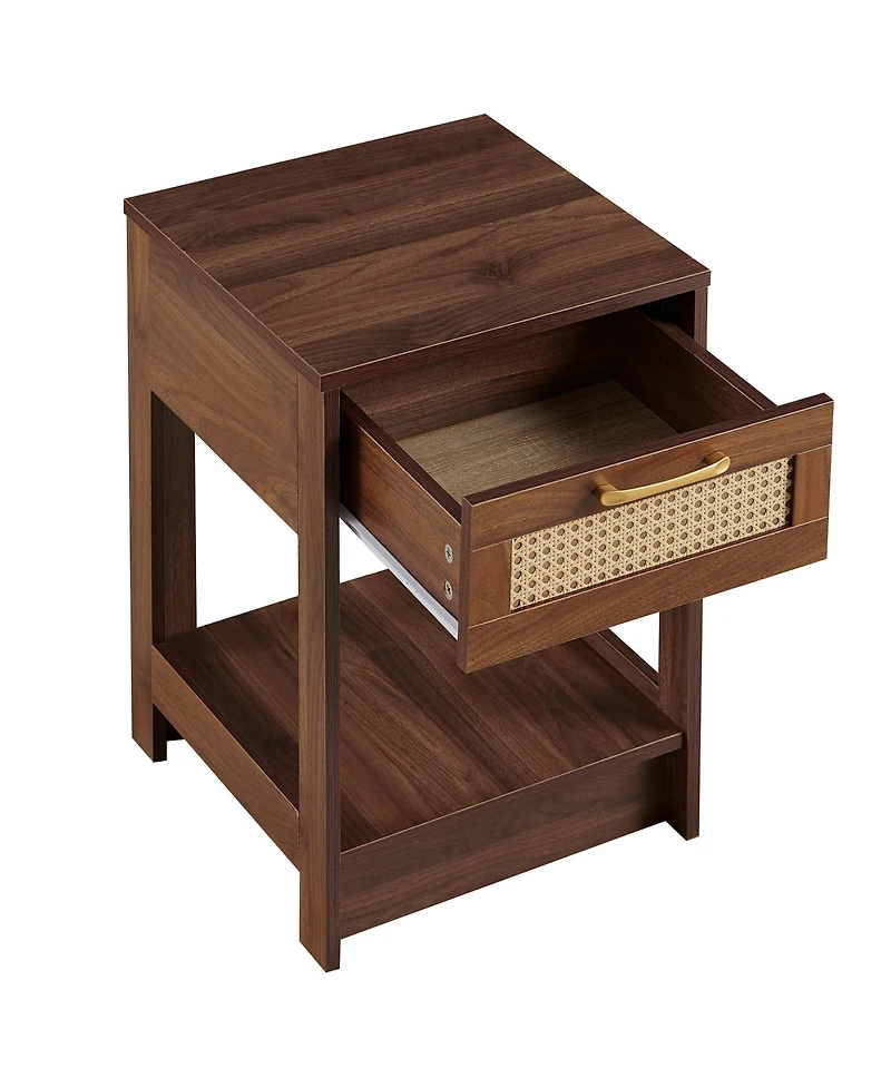 Streamdale Pe Rattan End Table with Drawer, Modern Nightstand, Side Table for Living Room, Bedroom, Walnut Color