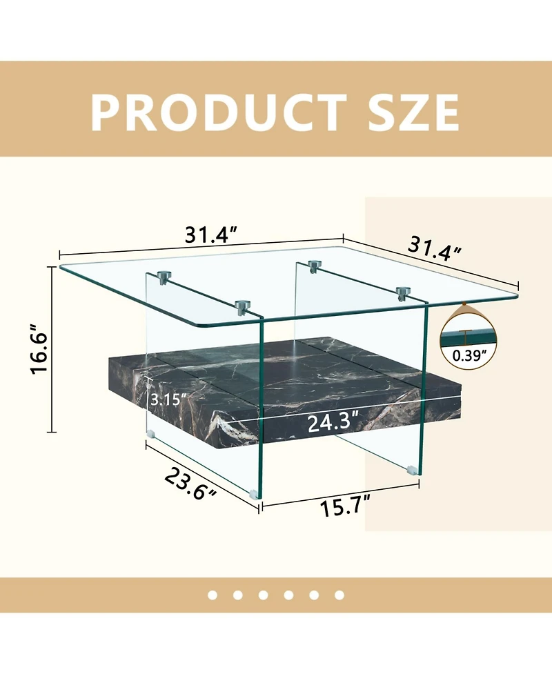 Streamdale Elegant 31.4" Modern Square Coffee Table Glass and Marble Pattern